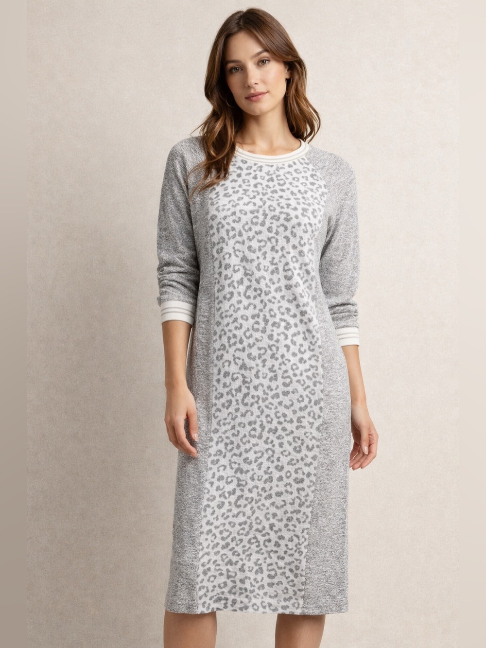 NWT OUI Gray Leopard‑Print Midi Dress — Size 36 (US Small)